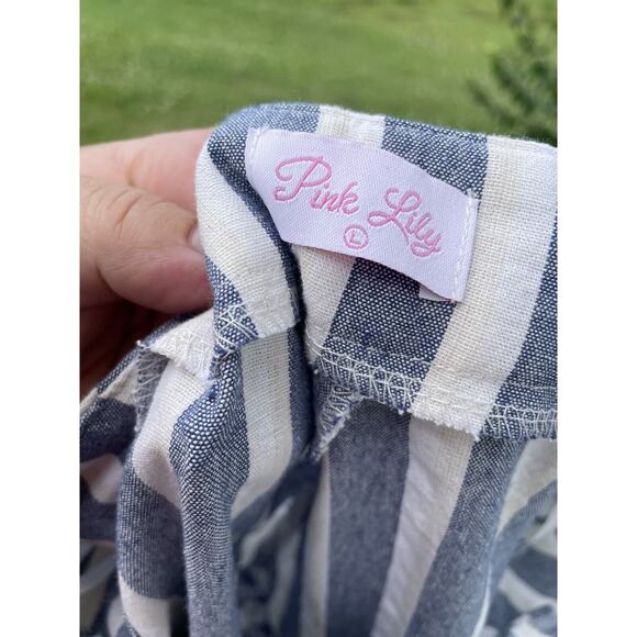 Pink Lily Pants Women L W:30 Blue Linen Striped Wide Leg Beach Coastal Swishy - Picture 4 of 5